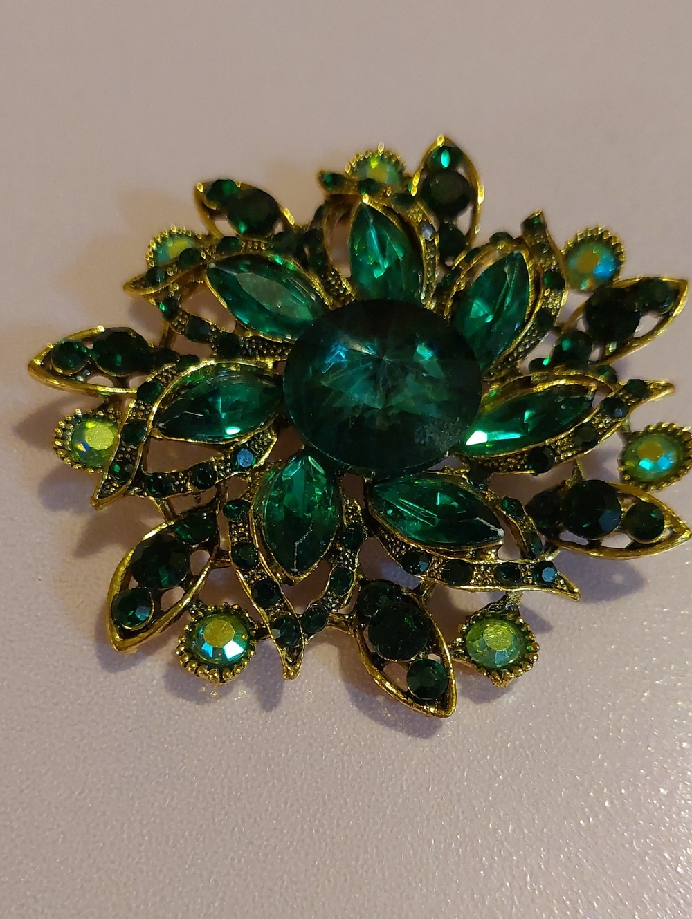 Emerald Green In Goldtone Modern Rhinestone Flower Brooch Pendant